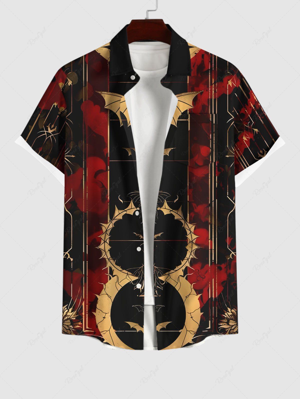 Chemise D'Halloween Boutonnée en Blocs de Couleurs Chauve-souris Imprimé avec Poche Grande Taille Noir 4XL