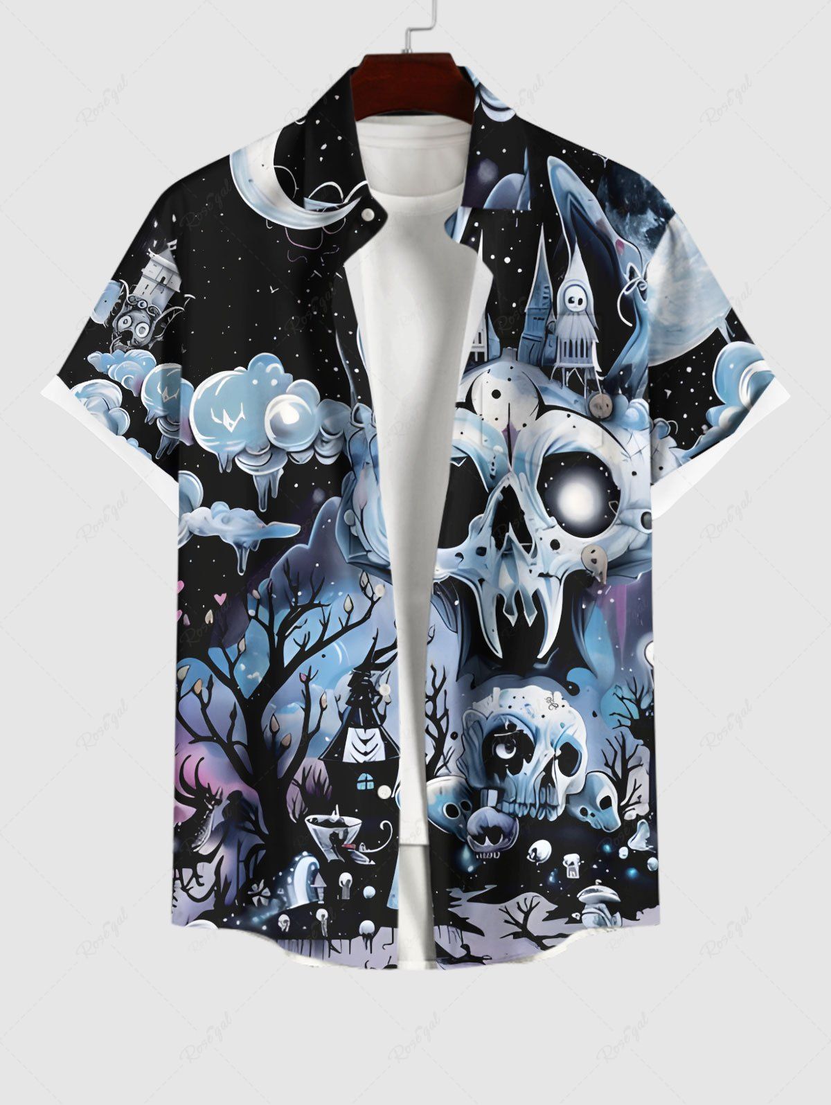 Chemise D'Halloween Boutonnée Crâne Arbre Imprimés avec Poche de Grande Taille pour Homme Multi-A 4XL