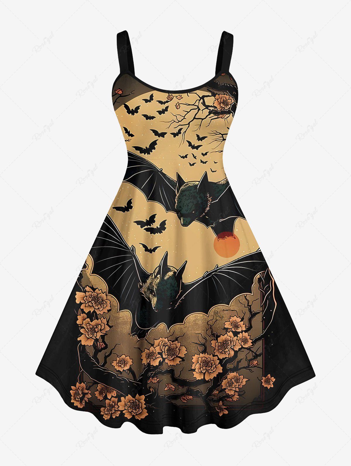 Robe Ligne A D'Halloween Déchiré Fleur et Arbre Imprimés de Grande Taille Noir 5X