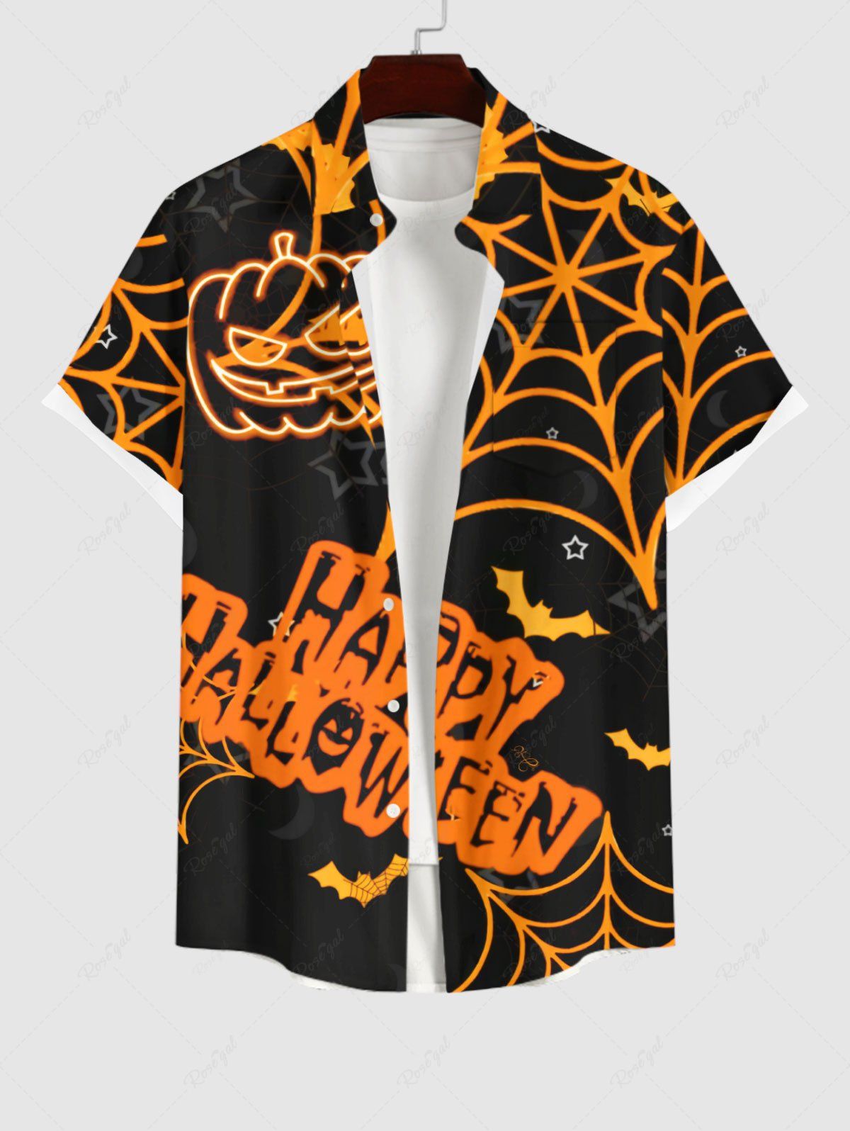New Plus Size Halloween Costume Spider Web Pumpkin Bat Star Letters Print Buttons Pocket Shirt For Men  