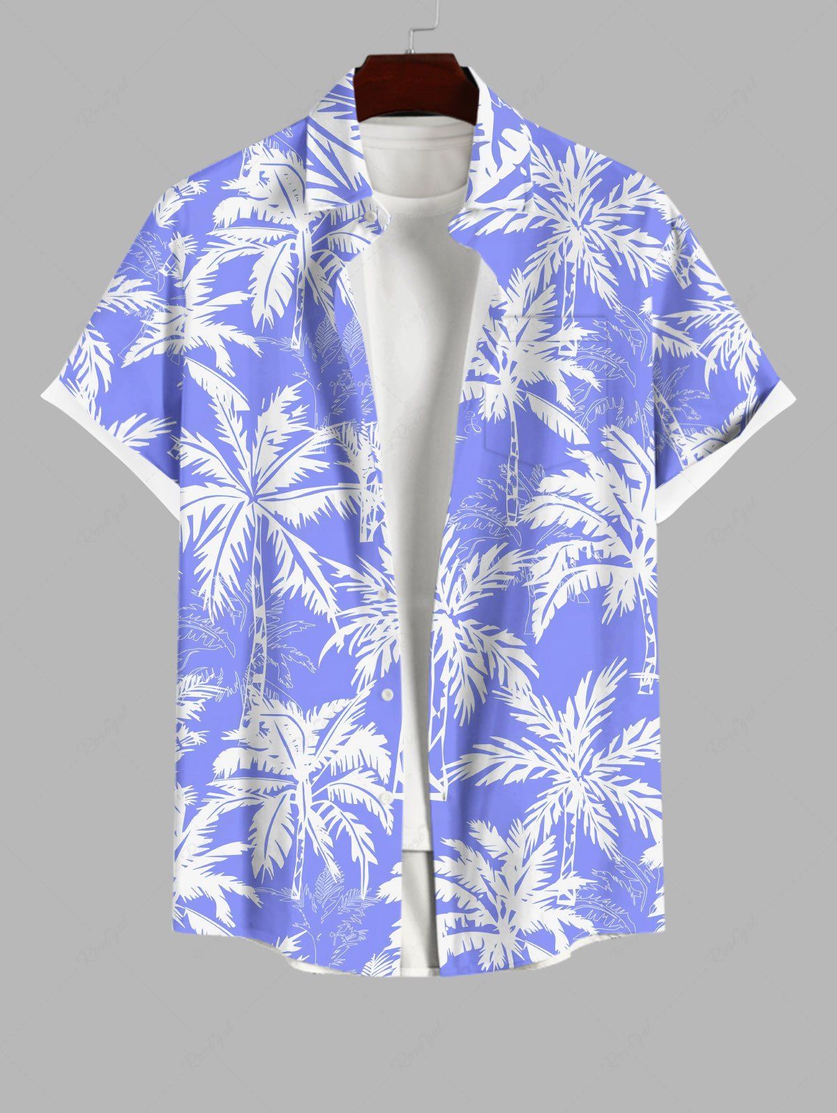 Hot Plus Size Coconut Tree Print Buttons Pocket Hawaii Shirt For Men  