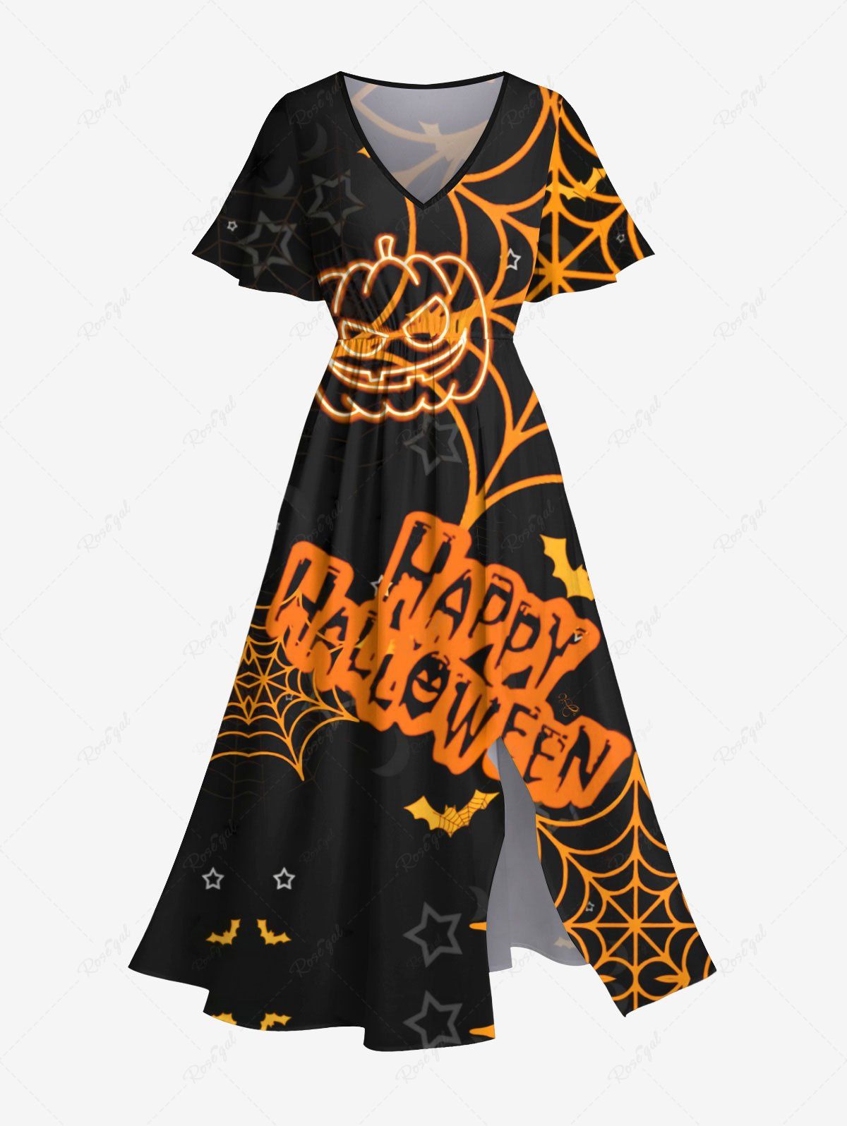 Robe D'Halloween Mi-Longue Chauve-souris Toile D'Araignée Citrouille de Grande Taille Noir 6X