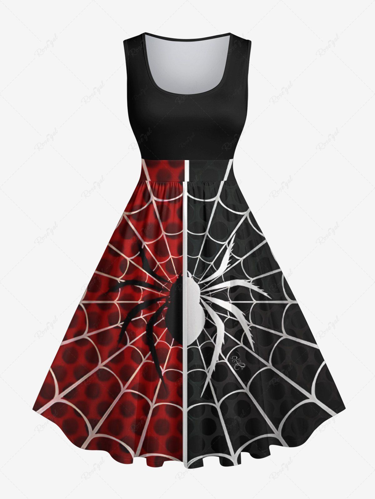 Best Plus Size Halloween Costume Spider Web Colorblock Print 1950s Vintage Dress  