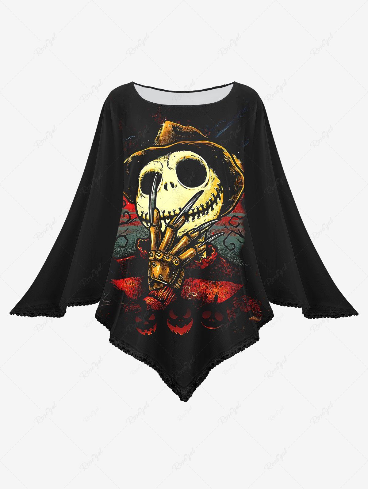 Unique Plus Size Halloween Costume Skull Skeleton Claw Print Asymmetrical Cape Cloak  