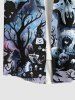Plus Size Skull Tree Castle Moon Cloud Galaxy Print Halloween Button Pocket Shirt For Men -  