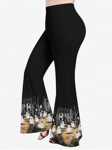 Plus Size Ghost Distressed Castle Print Halloween Flare Pants - BLACK - 5X