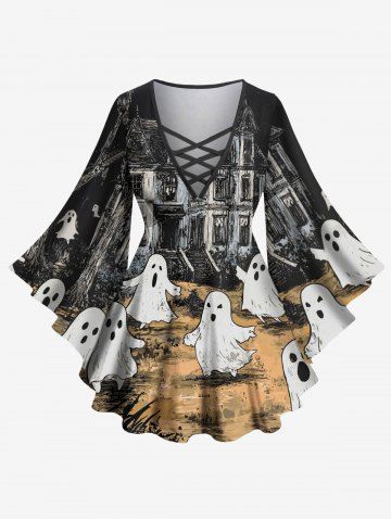 Plus Size Flare Sleeves Ghost Distressed Castle Print Halloween Lattice T-shirt - BLACK - 4X