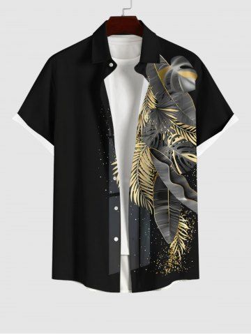 Plus Size Tropical Leaves Glitter Coconut Tree Print Hawaii Button Pocket Shirt For Men - BLACK - S