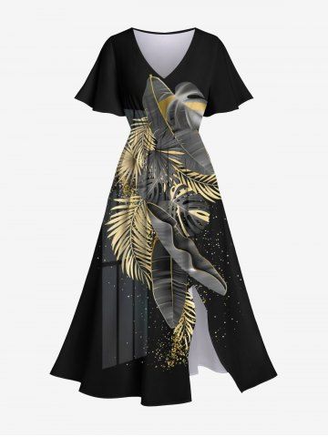 Robe Mi-longue Feuille Tropicale Tropicale Fendue à Taille Haute Grande Taille avec Poche - BLACK - L