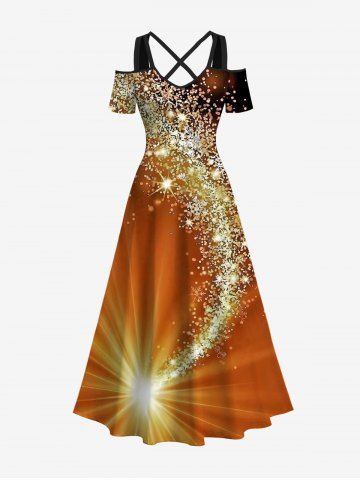 Plus Size Glitter Sparkling Light Beam Stars Snowflake Print Hawaii Ombre Crisscross A Line Maxi Dress - DARK ORANGE - 5X