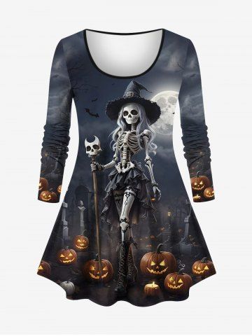 Plus Size Halloween Costume Pumpkin Cross Tomb Skeleton Wizard Skull Bat Moon Print T-shirt - BLACK - 2X