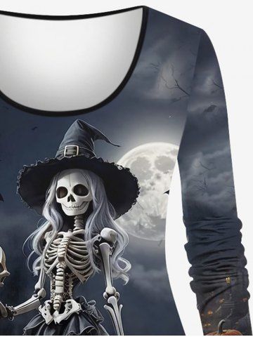 Plus Size Halloween Costume Pumpkin Cross Tomb Skeleton Wizard Skull Bat Moon Print T-shirt