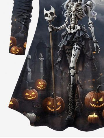 Plus Size Halloween Costume Pumpkin Cross Tomb Skeleton Wizard Skull Bat Moon Print T-shirt
