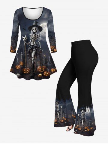 Plus Size Halloween Costume Pumpkin Cross Tomb Skeleton Wizard Skull Bat Moon Print T-shirt