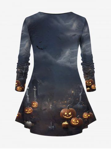 Plus Size Halloween Costume Pumpkin Cross Tomb Skeleton Wizard Skull Bat Moon Print T-shirt