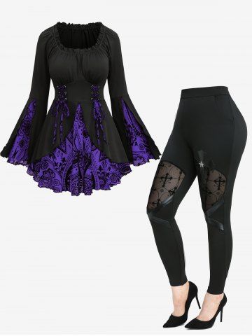 Floral Figure Printed Lace Up Ruffles Ruched Bell Sleeves T-shirt and Flocking Mesh Patchwork PU Leather Leggings Plus Size Outfit - PURPLE