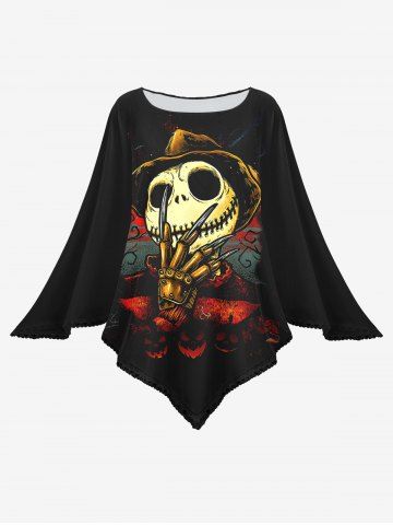 Halloween Costume Skull Skeleton Claw Print Asymmetrical Cape Cloak and Flocking Mesh Patchwork Leggings Plus Size Outfit