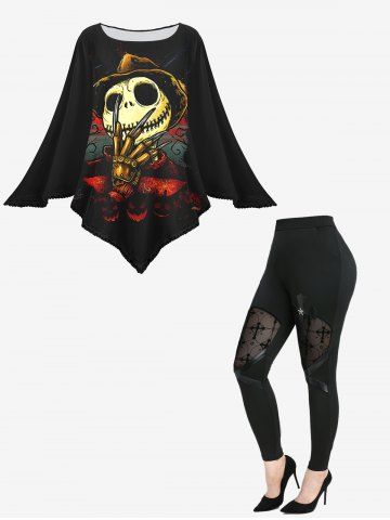 Halloween Costume Skull Skeleton Claw Print Asymmetrical Cape Cloak and Flocking Mesh Patchwork Leggings Plus Size Outfit