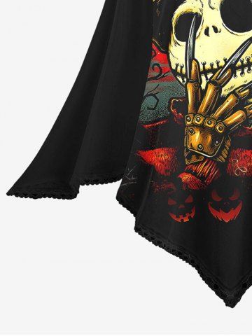 Halloween Costume Skull Skeleton Claw Print Asymmetrical Cape Cloak and Flocking Mesh Patchwork Leggings Plus Size Outfit