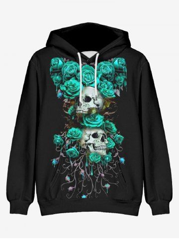 Plus Size Skull Rose Flower Branch Print Halloween Drawstring Pocket Pullover Hoodie For Men - BLACK - M