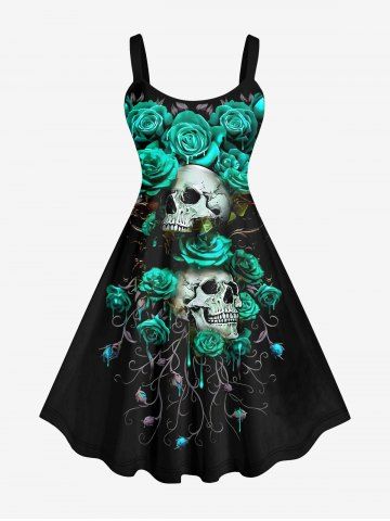 Plus Size Skull Rose Flower Branch Print Halloween Costume A Line Tank Dress - BLACK - 6X