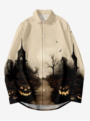 Plus Size Distressed Pumpkin Castle Tree Bird Print Halloween Button Long Sleeves Shirt For Men - MULTI-A - 8XL