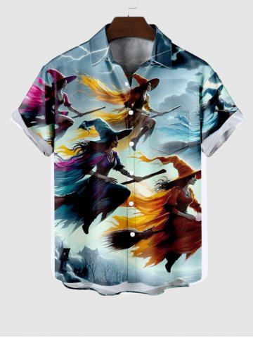 Plus Size Wizard Broom Ombre Sky Cloud Print Halloween Button Pocket Shirt For Men - MULTI-A - S