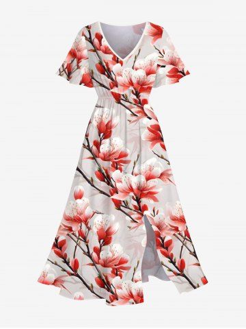 Robe Mi-Longue Hawaïen Fendue Fleur de Pêche Imprimée de Grande Taille - MULTI-A - XS