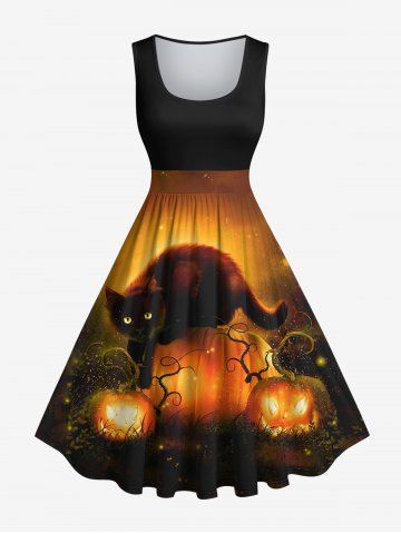 Plus Size Halloween Costume Pumpkin Latern Cat Galaxy Glitter 3D Print 1950s Vintage Dress - BLACK - S