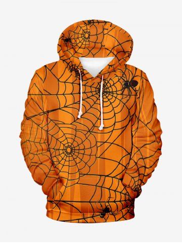 Plus Size Halloween Costume Spider Web Print Pocket Drawstring Hoodie For Men - ORANGE - M