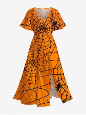 Plus Size Halloween Costume Spider Web Print Split Midi Dress - ORANGE - XS