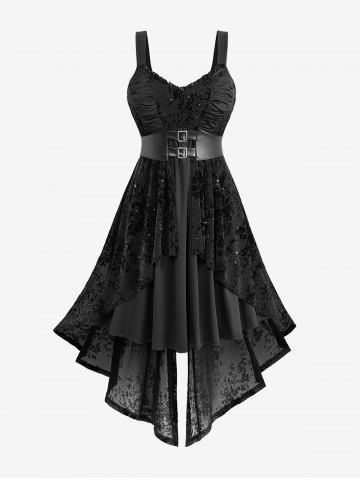 Plus Size Glitter Floral Flocking Ruched PU Panel Belted Split Layered High Low Asymmetric A Line Tank Dress - BLACK - L | US 12