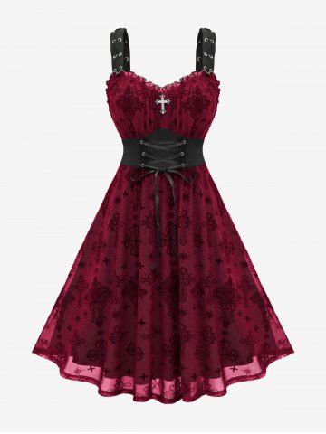 Plus Size Lace Up Ruffles Cross Tank Dress - DEEP RED - M | US 10