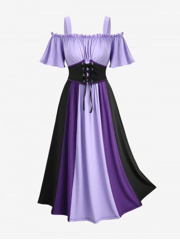 Plus Size Cold Shoulder Ruched Ruffles Colorblock Patchwork Lace Up Belted Vintage Corset A Line Dress - PURPLE - L | US 12