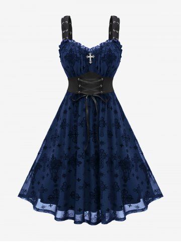Gothic Plus Size Lace Up Ruffles Cross Tank Dress - DEEP BLUE - M | US 10