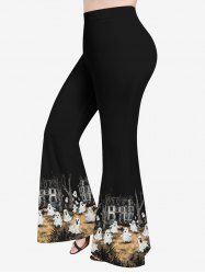 Plus Size Ghost Distressed Castle Print Halloween Flare Pants -  