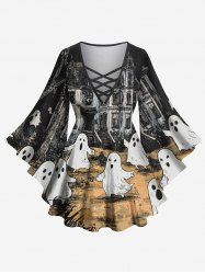 Plus Size Flare Sleeves Ghost Distressed Castle Print Halloween Lattice T-shirt -  