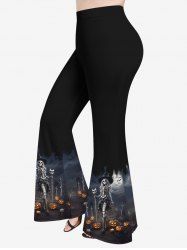 Plus Size Halloween Costume Pumpkin Cross Tomb Skeleton Wizard Skull Bat Moon Print Flare Pants -  