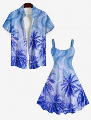 Tenue de Plage Contrastante Imprimé Cocotiers Lumière 3D Grande Taille pour Couples - Bleu Ciel 