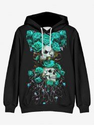Plus Size Skull Rose Flower Branch Print Halloween Drawstring Pocket Pullover Hoodie For Men -  