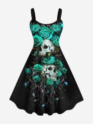 Plus Size Skull Rose Flower Branch Print Halloween Costume A Line Tank Dress -  
