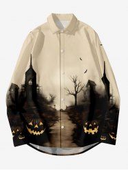 Chemise D'Halloween Boutonnée Déchirée Citrouille Oiseau et Château Imprimés à Manches Longues de Grande Taille - Multi-A 8XL