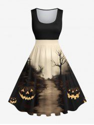 Robe D'Halloween Trapèze Vintage Citrouille Chemin et Château Imprimés Grande Taille - Noir 6X
