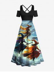 Plus Size Wizard Broom Ombre Sky Cloud Print Halloween Costume Crisscross A Line Maxi Dress -  
