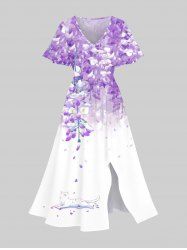 Plus Size Ombre Flowers Leaf Cat Print Split Hawaii Midi Dress -  
