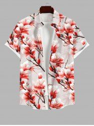 Plus Size Peach Blossom Flower Print Buttons Pocket Hawaii Shirt For Men -  