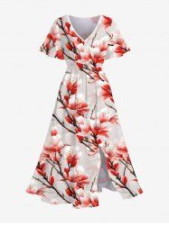 Plus Size Peach Blossom Flower Print Split Hawaii Midi Dress -  