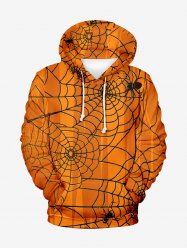 Plus Size Halloween Costume Spider Web Print Pocket Drawstring Hoodie For Men -  