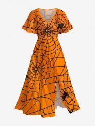 Plus Size Halloween Costume Spider Web Print Split Midi Dress -  