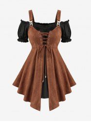 Plus Size Medieval Renaissance Cold Shoulder Puff Sleeves Lace Up Two Tone 2 in 1 Asymmetric Top -  